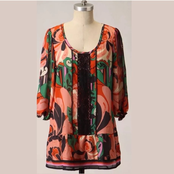 Anthro ODILLE Minted Melon Silk Blouse Lace Trim Colorful Top Shirt Pink Green - Picture 2 of 8